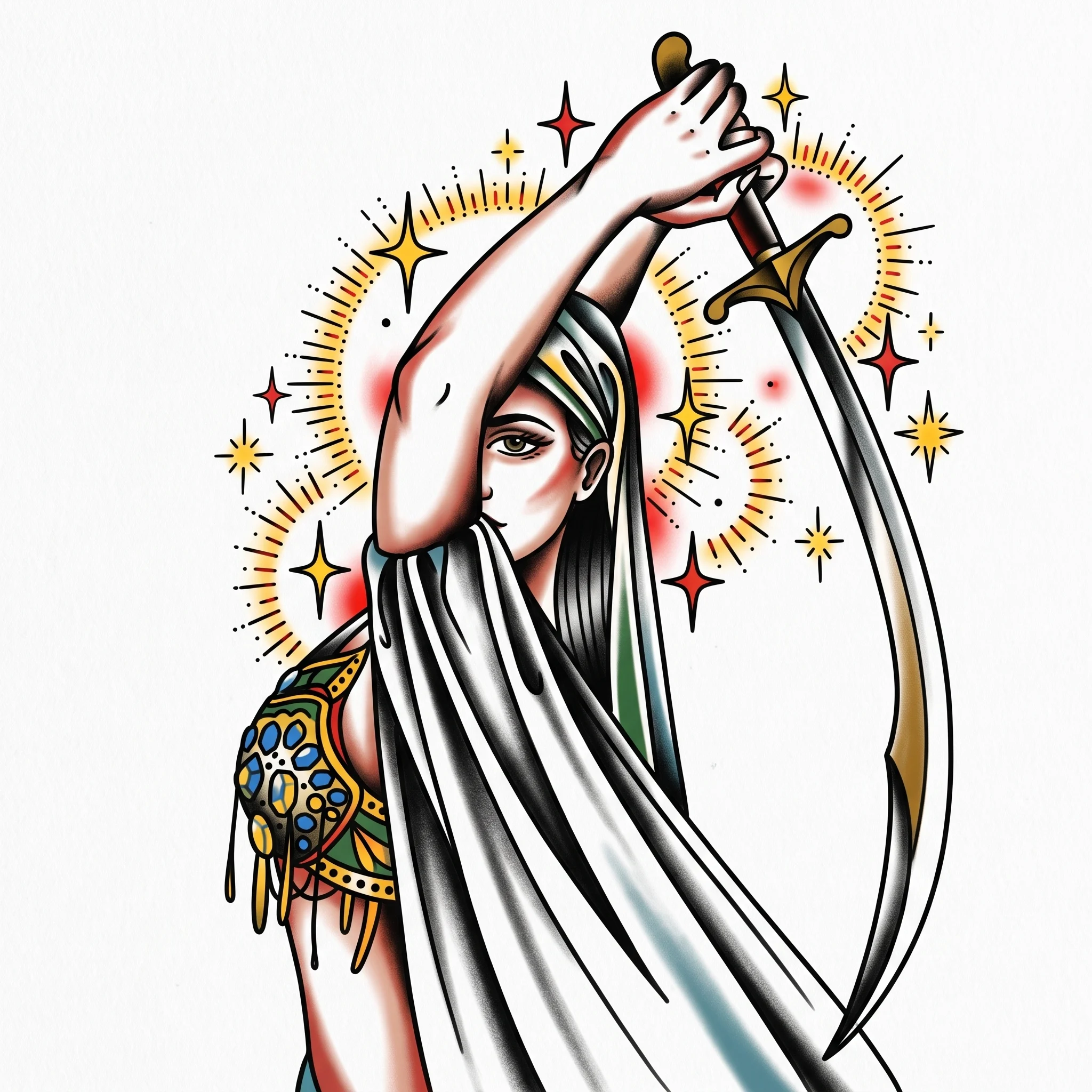 Real American Traditional tattoo concept with a curved sword, gold halos and red stars